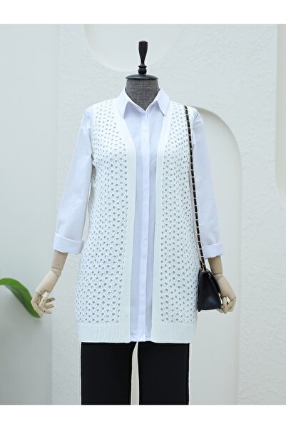 Modamorfo δαντελωτή πλέξη Γιλέκο -Εκρού
