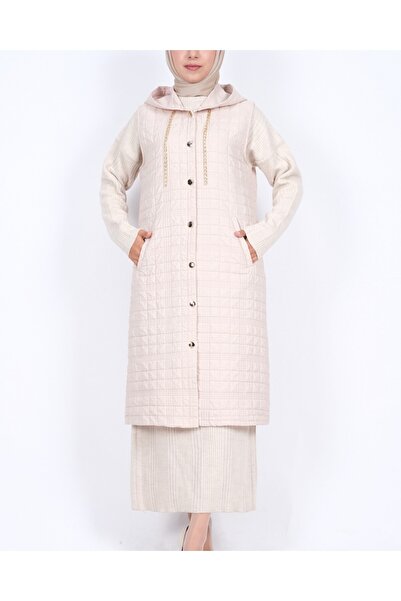 Modamorfo Hooded Chain Detailed Quilted Vest with Pockets - Stone