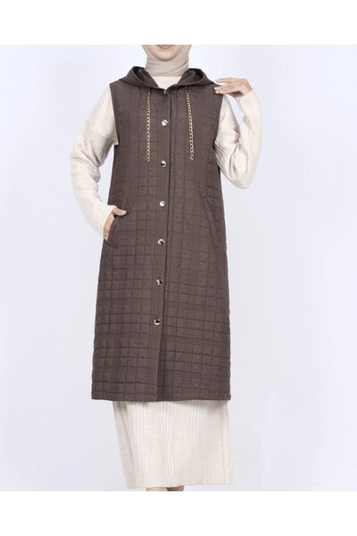 Modamorfo Hooded Chain Detailed Quilted Vest with Pockets -K. Brown
