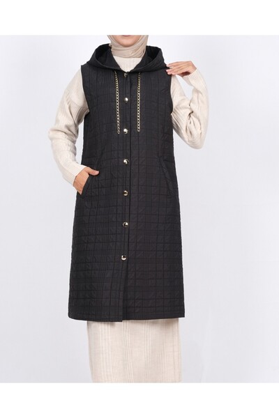Modamorfo Hooded Chain Detailed Quilted Vest with Pockets -Black