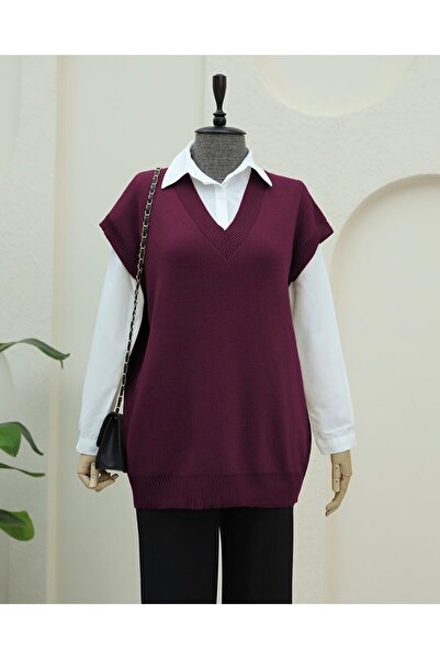Modamorfo V-Neck Oversize Knitwear Sweater - Burgundy