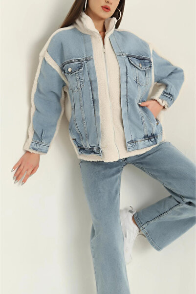 TİLLE Γυναικείο παλτό από βελούδινο αρνί με φερμουάρ συνδυασμός υφασμάτων τεμαχίων σε μπλε εκρού