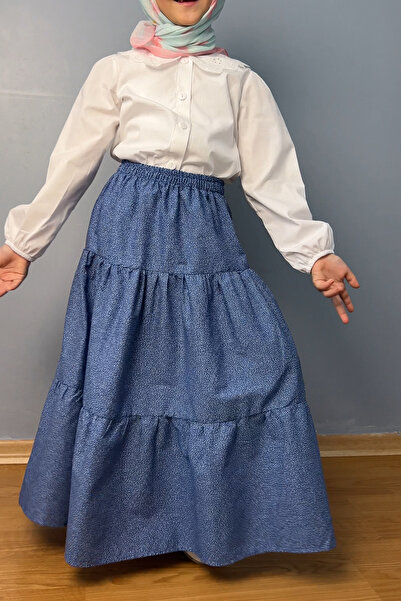 Masnu Çocuk Kız Çocuk %100 Pamuklu Beyaz Çiçekli Baskılı Lacivert Poplin Uzun...