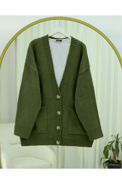 Modamorfo Buttoned Double Pocket Casual Knit Cardigan - Khaki