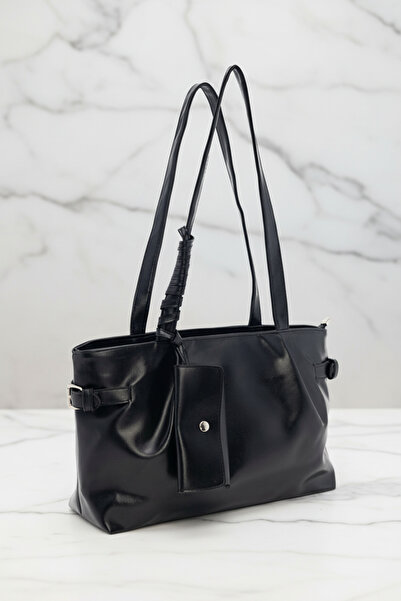 Biçanta Black Color Knitted Leather Zippered Compartment Large Size Soft Leather Women's Shoulder Bag