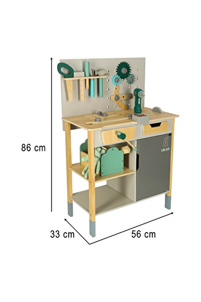 LikeSmart Banc de lucru, 86 CM Lulilo WorkShop, Unelte, Bormasina, Manusi, Ciocan, Rigla, Suruburi