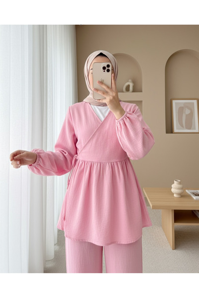 Modamorfo Muslin Set with Elasticized Sleeves and Rope Lacing - Powder