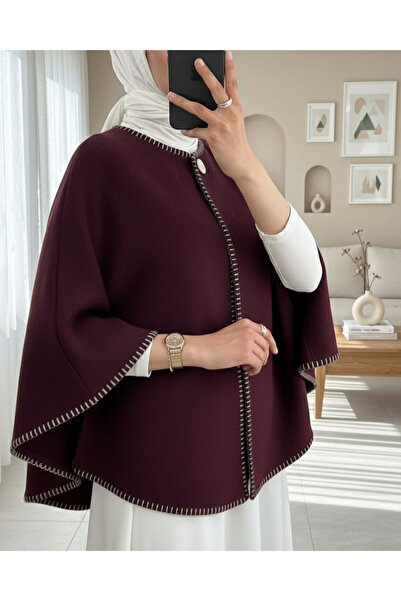 Modamorfo Shepherd's Stitch Pocketed Cashmere Poncho - Plum
