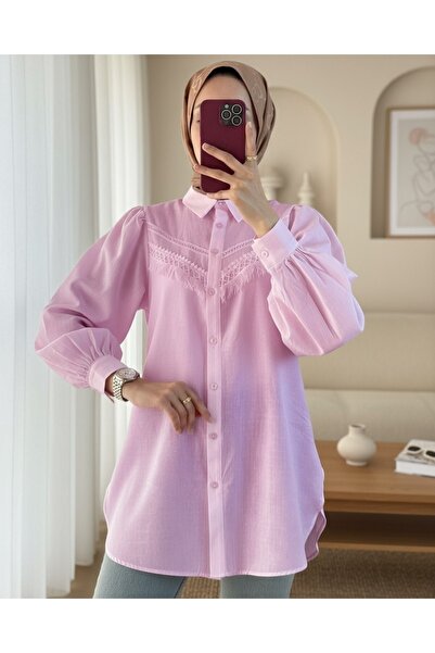 Modamorfo Güipur tasseled raw linen balloon sleeve shirt - powder