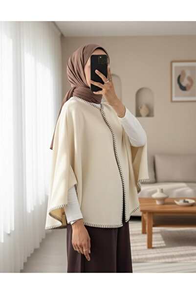 Modamorfo Shepherd's Stitch Pocketed Cashmere Poncho - Beige