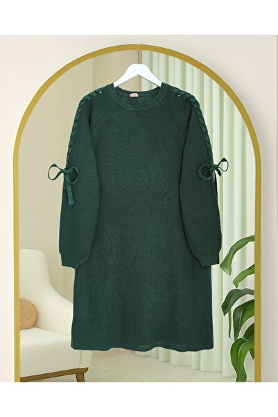 Modamorfo Casual Knitwear Tunic with Braided Shoulders - Emerald