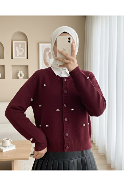 Modamorfo Buttoned Floral Detailed Soft Cardigan - Burgundy