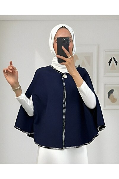 Modamorfo Shepherd's Stitch Pocketed Cashmere Poncho - Navy