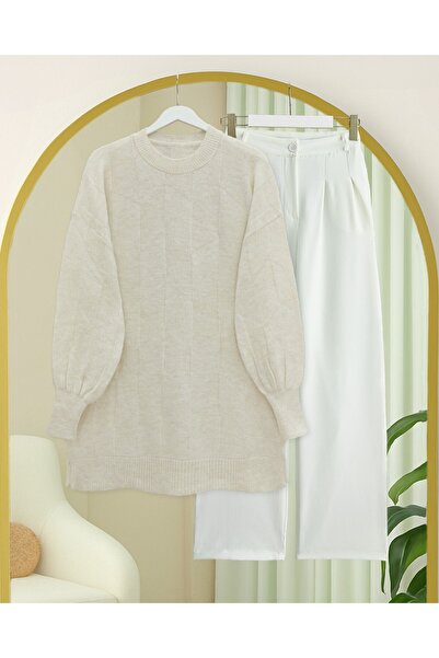 Modamorfo Pulover tricotat cu model casual cu gât rotund - Ecru