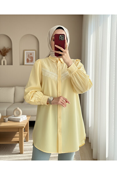 Modamorfo Guipure Tasseled Raw Linen Balloon Sleeve Shirt - Light Yellow