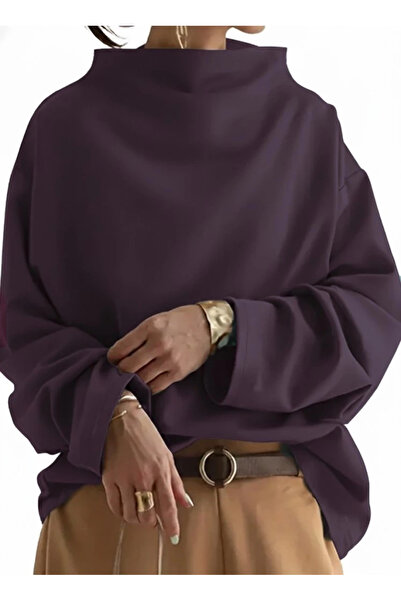 Butik Women's Long Sleeve Wide Turtleneck Modal Plum Blouse