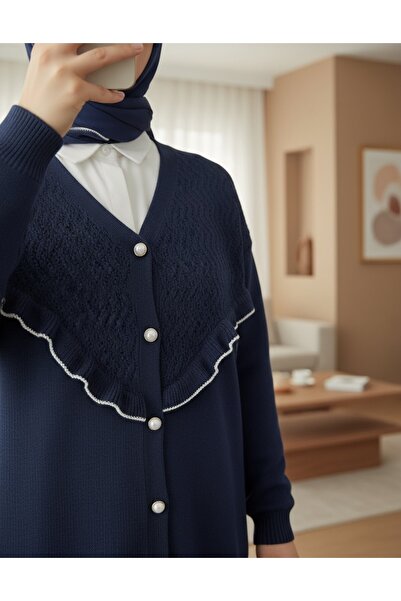 Modamorfo Front Ruffled Pearl Buttoned Knitwear Cardigan - Indigo