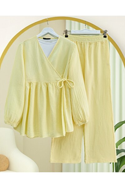 Modamorfo Muslin Suit with Elastic Sleeves and Lace-Up - Light Yellow