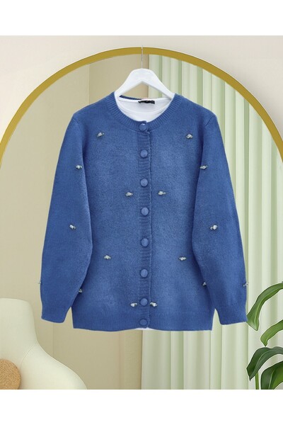 Modamorfo Buttoned Floral Detailed Soft Cardigan -Blue