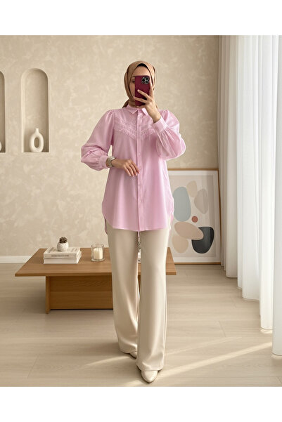 Modamorfo Güipur tasseled raw linen balloon sleeve shirt - powder