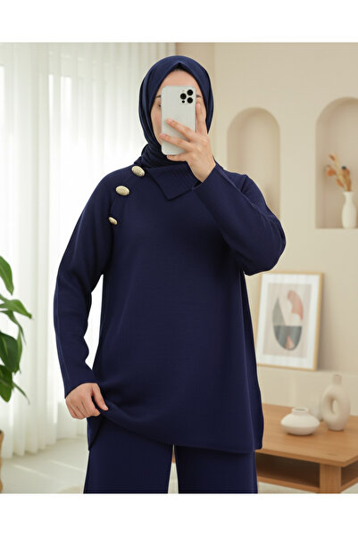 Modamorfo Half-High Neck Knitwear Set with Cross-Button Collar - Navy