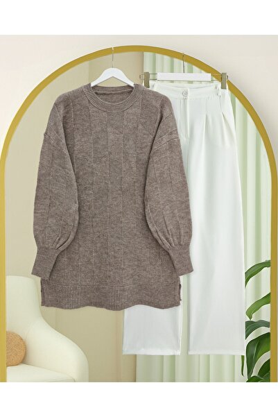 Modamorfo Round Neck Casual Patterned Knitwear Sweater -Toprak