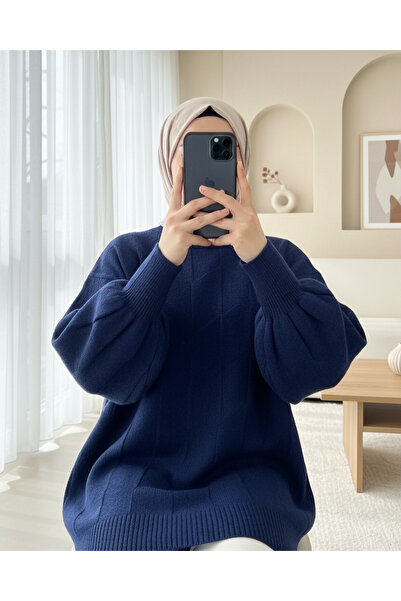 Modamorfo Round Neck Casual Patterned Knitwear Sweater - Navy