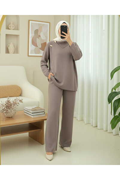 Modamorfo Half-High Neck Knitwear Set with Cross-Button Collar - Toprak