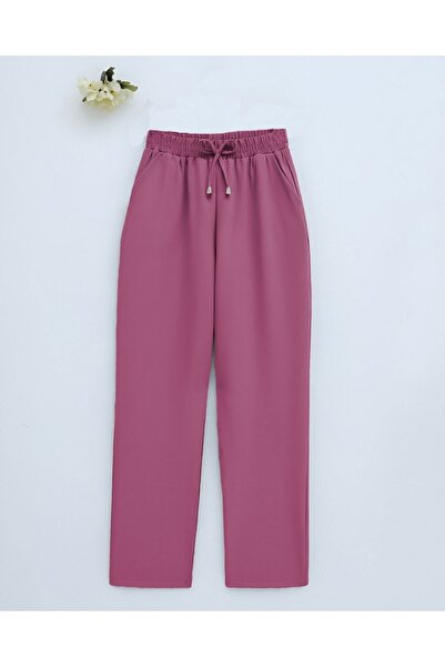 Modamorfo Double Pocket Elastic Waist Lace Detailed Trousers - Pink