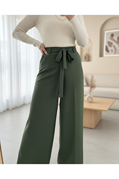 Modamorfo Elastic waist tied wide leg trousers - khaki