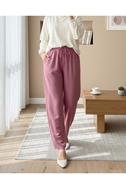 Modamorfo Double Pocket Elastic Waist Lace Detailed Trousers - Pink