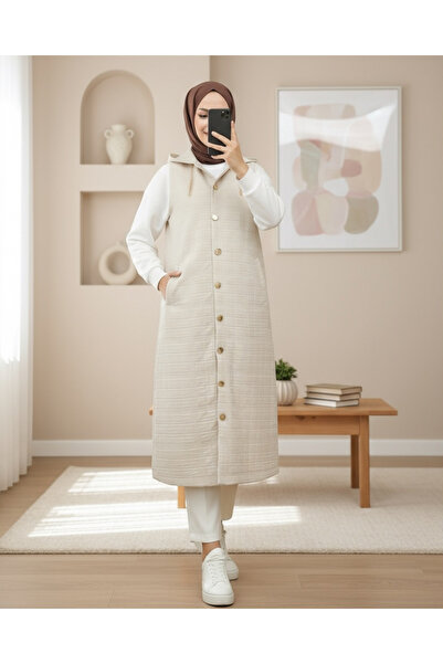 Modamorfo Γιλέκο με κουκούλα με κουμπιά στο μπροστινό μέρος και λεπτομέρεια αλυσίδας - Πέτρα