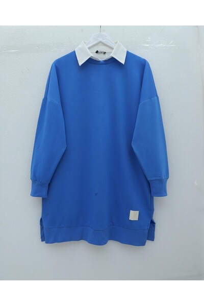 Modamorfo Crew Neck Slit Embroidered Sweatshirt - Blue