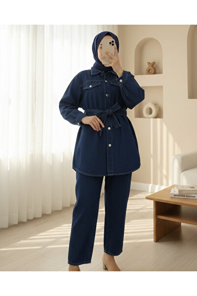 Modamorfo Buttoned Denim Suit with Belt and Pockets - Navy