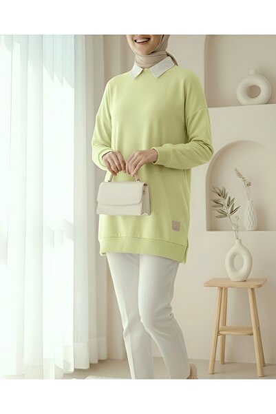 Modamorfo Crew Neck Slit Embroidered Sweatshirt - Light Yellow