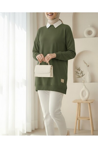 Modamorfo Crew Neck Slit Crest Sweatshirt - Khaki