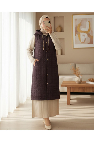 Modamorfo Hooded Chain Detailed Quilted Vest with Pockets - Plum