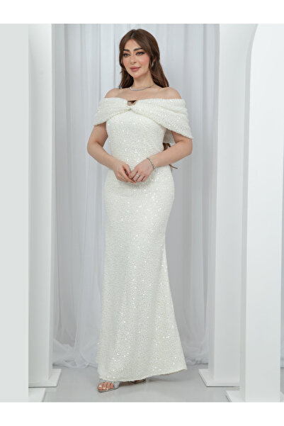 TREN Off-shoulder sequined evening dress with a luxurious bow, long, off-the-shoulder design, perfect for weddings and other special occasions. Creamy white.