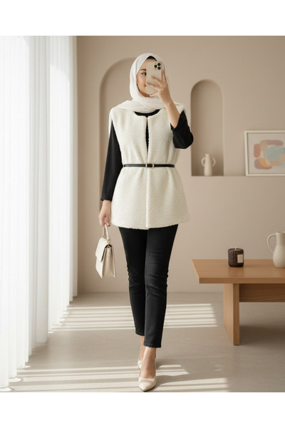 Modamorfo Beli Belted Double Pocket Lined Plush Vest - Ecru