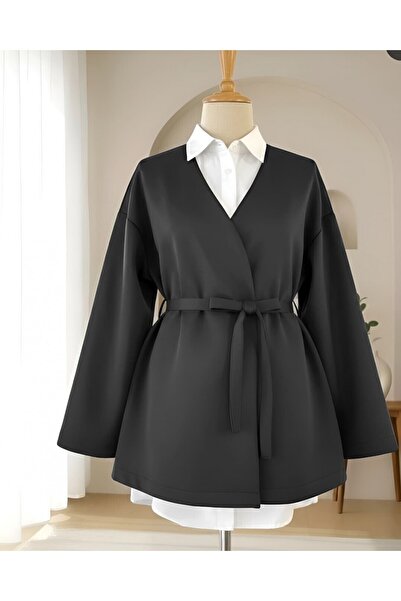 Modamorfo Beli Belted V-Neck Scuba Kimono -Black