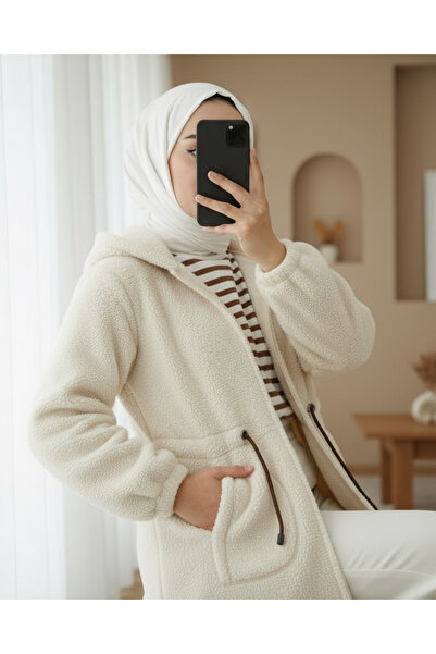 Modamorfo Ecru Plush Coat - Elastic Waist, Hoodie and Zipper