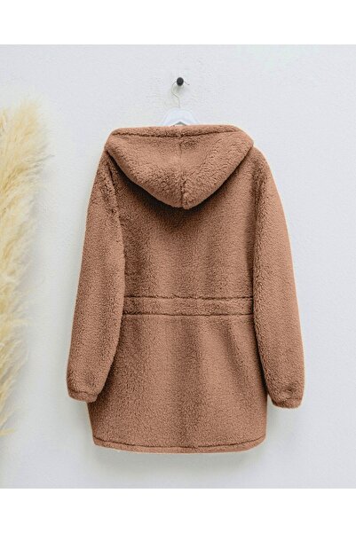 Modamorfo Elastic waist hooded zippered plush jacket - tan
