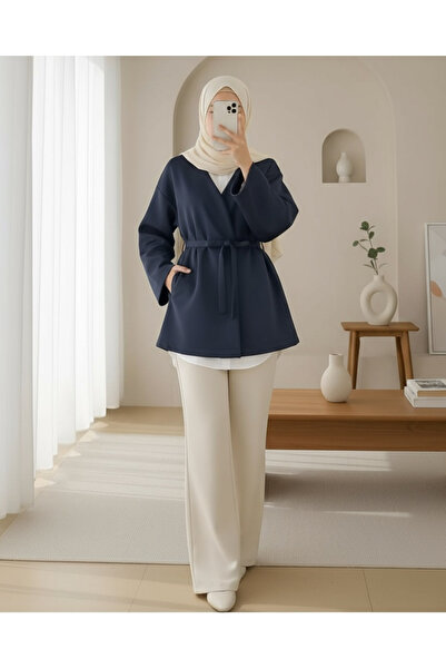 Modamorfo Beli Belted V-Neck Scuba Kimono - Navy