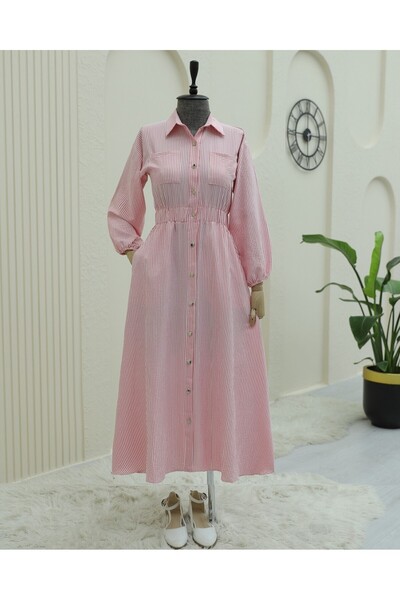 Modamorfo Φόρεμα με ελαστική μέση και ριγέ κουμπιά στο μήκος - Πούδρα