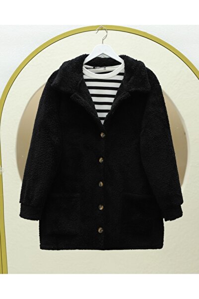 Modamorfo Plush Jacket with Buttoned Pockets -Black