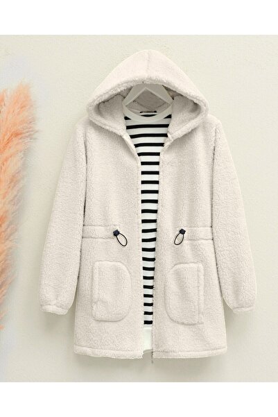 Modamorfo Elastic waist hooded zippered plush jacket - beige