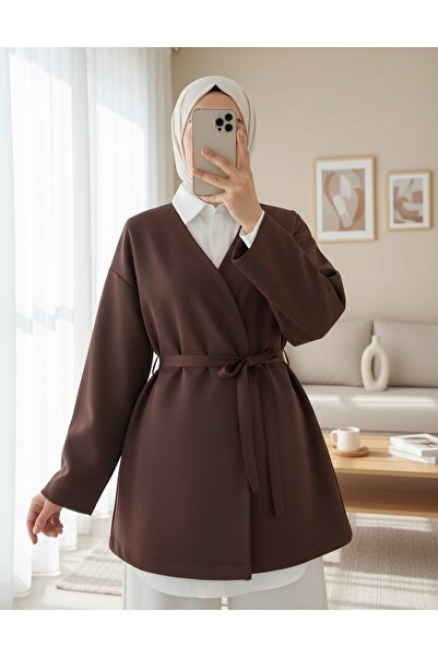 Modamorfo Beli Belted V-Neck Scuba Kimono - Brown