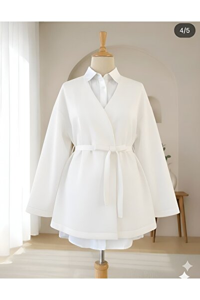 Modamorfo Beli Belted V-Neck Scuba Kimono -White