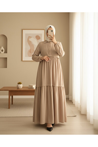 Modamorfo Šaty s elastickým rukávem na poloviční knoflíky - béžové