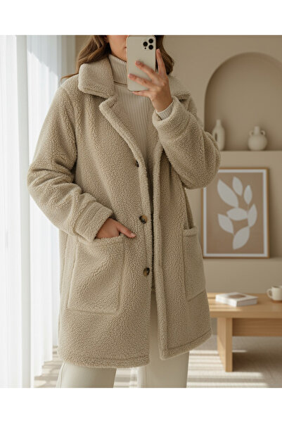 Modamorfo Buttoned plush jacket with pockets - light mink